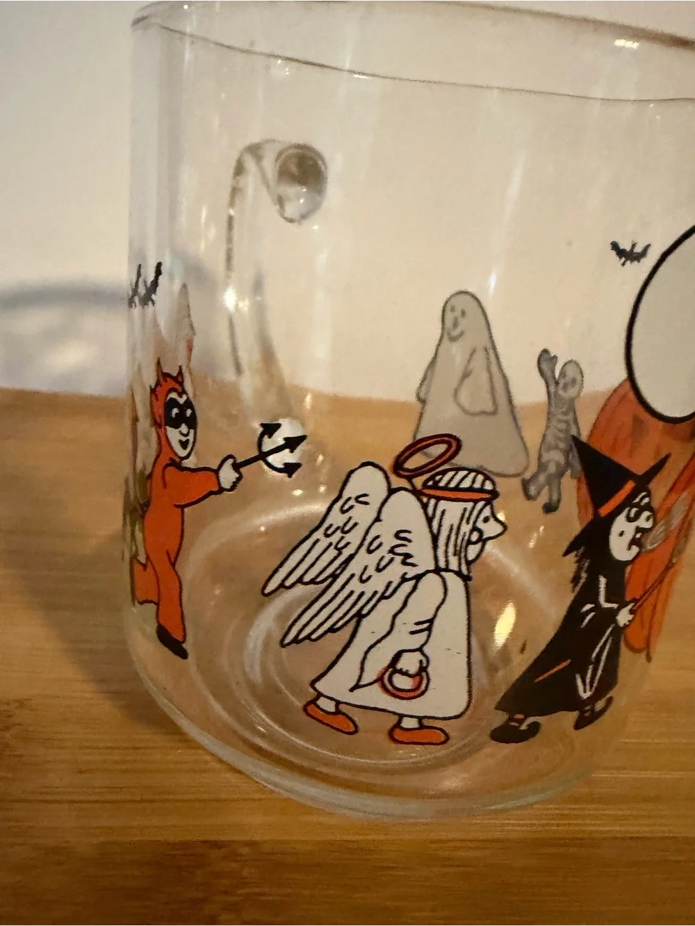 Vintage Halloween Parade Luminarc Glass Tumbler Mug Orange & Black. Ghost Witch